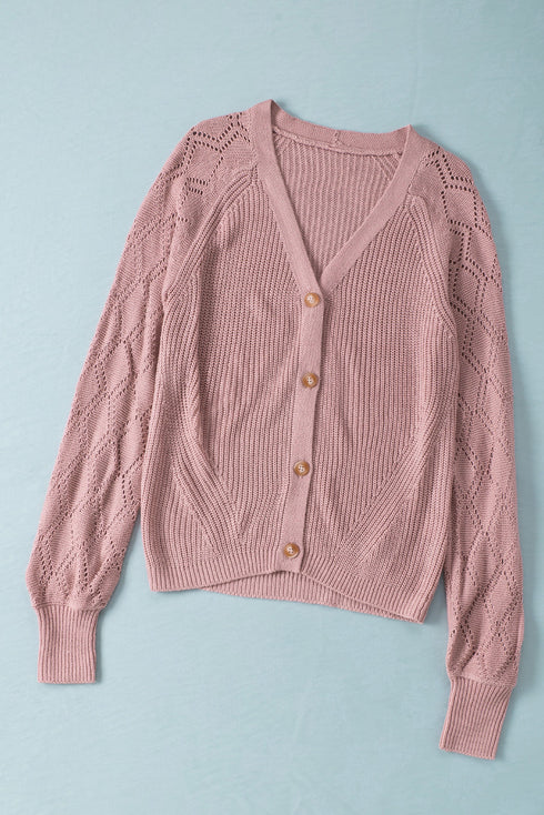 Bishop Sleeve V-Neck Drop Shoulder Button Front Knit Cardigan Sweater